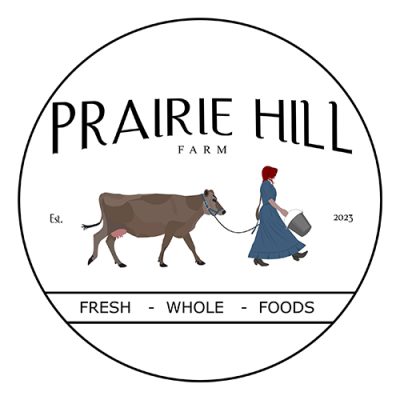 The Prairie Hill Farm logo: a Jersey cow led by a girl in a bonnet — fresh, whole foods